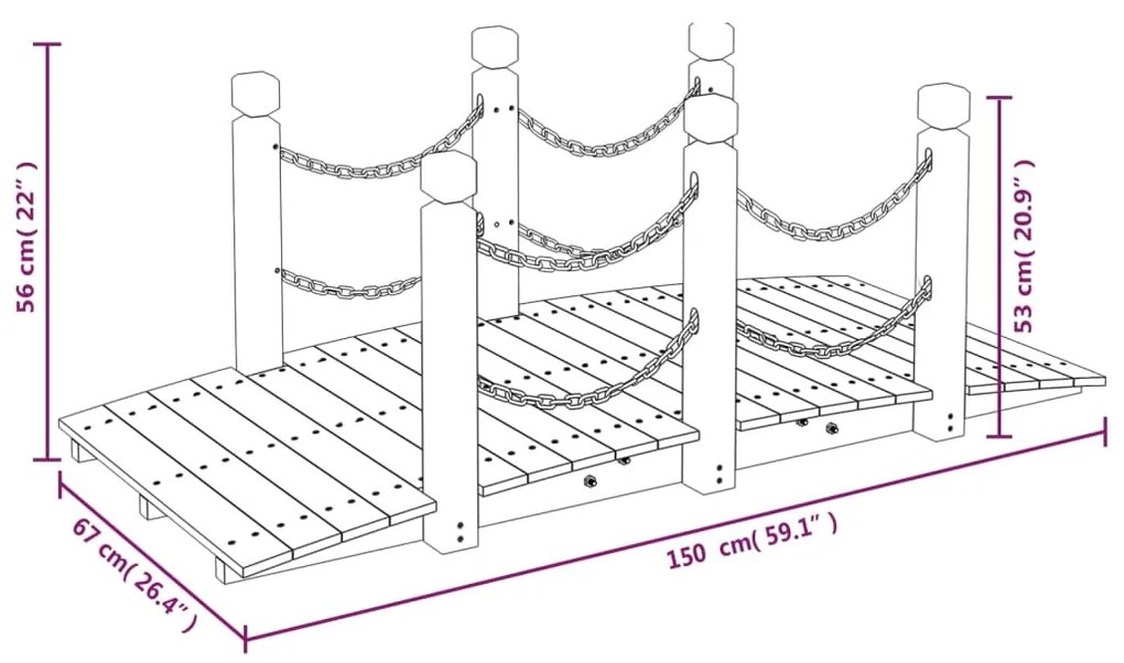 Ponte jardim c/ corrimões em corrente 150x67x56 cm abeto maciço