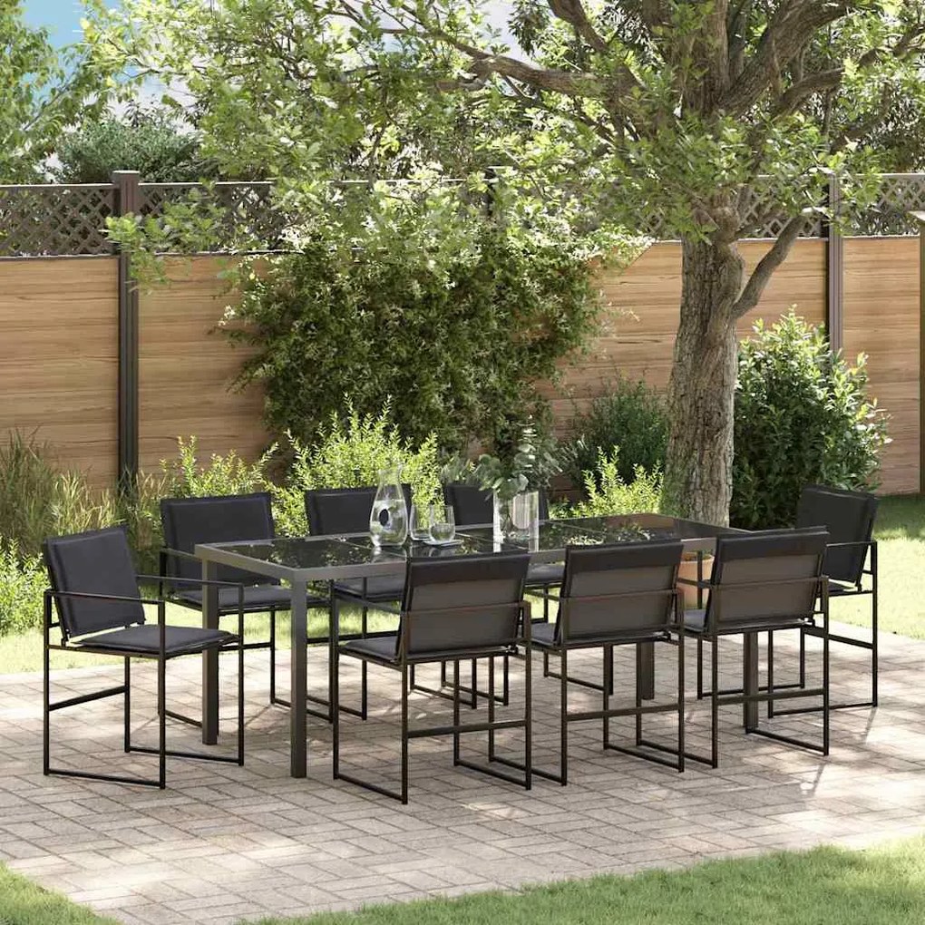 vidaXL Conjunto de Jantar para Jardim 9 Peças com Almofadas Pretas em Textilene e Estrutura de Aço