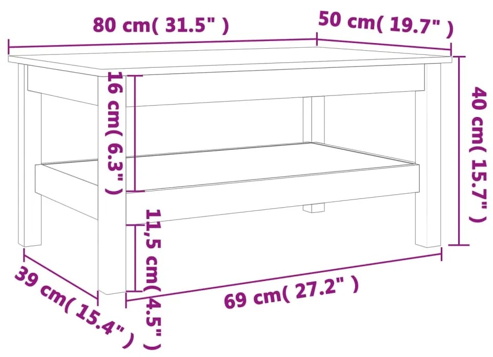 Mesa de centro 80x50x40 cm madeira pinho maciça castanho cera