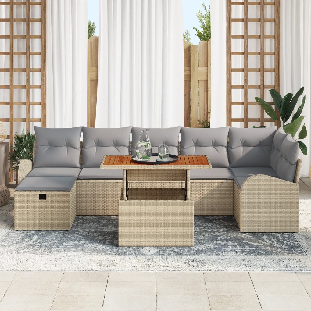 Conjunto de Sofá de Jardim de 8 Peças com Almofadas Bege Vime PE