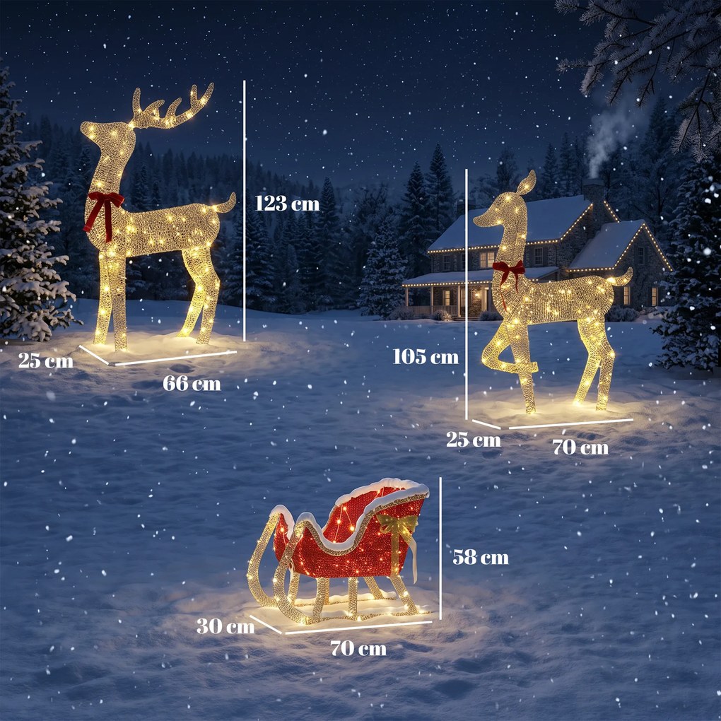 Conjunto de 3 Peças com Renas de Natal Iluminadas, 200 LED Branco Quente, 8 Modos e Temporizador Diário