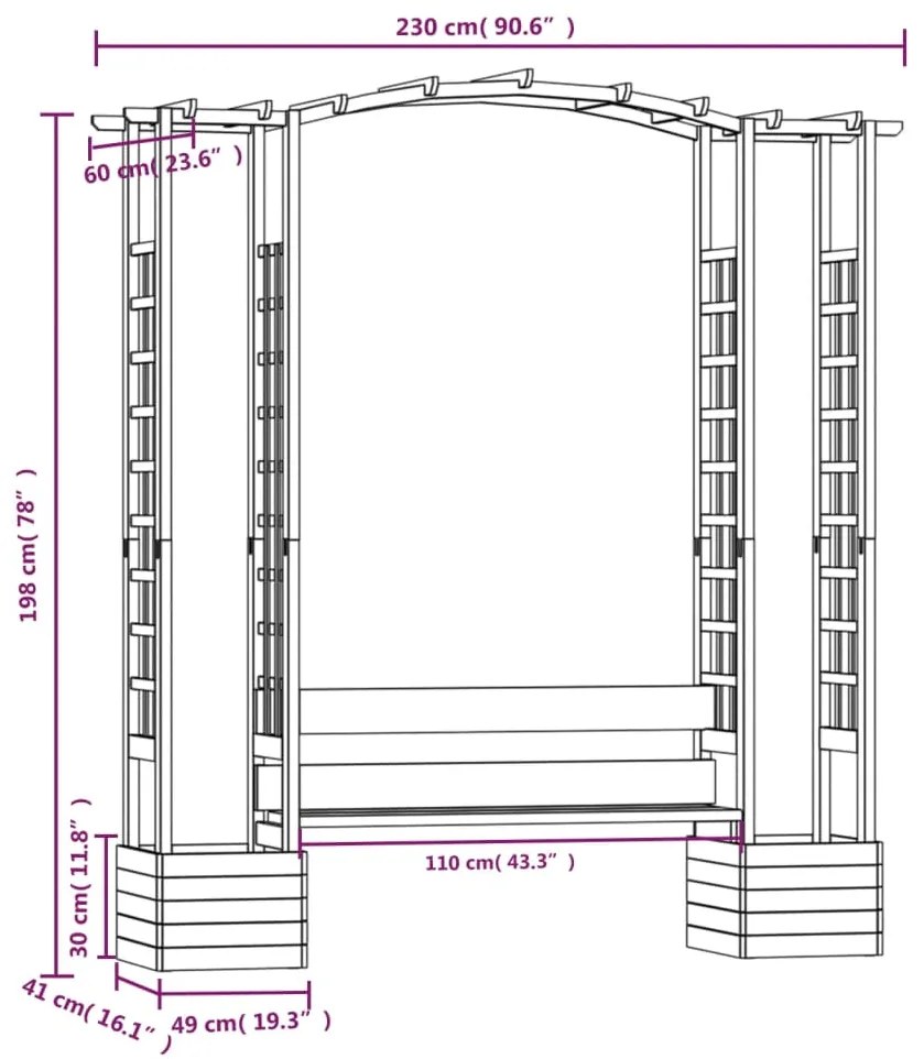 Pérgola de jardim com banco e vasos pinho maciço impregnado