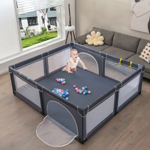 Conjunto 2 em 1 Parque de atividades bebés portátil 206 x 185,5 x 68 cm e tapete reversível para crianças com material seguro cinza escuro + zoológico