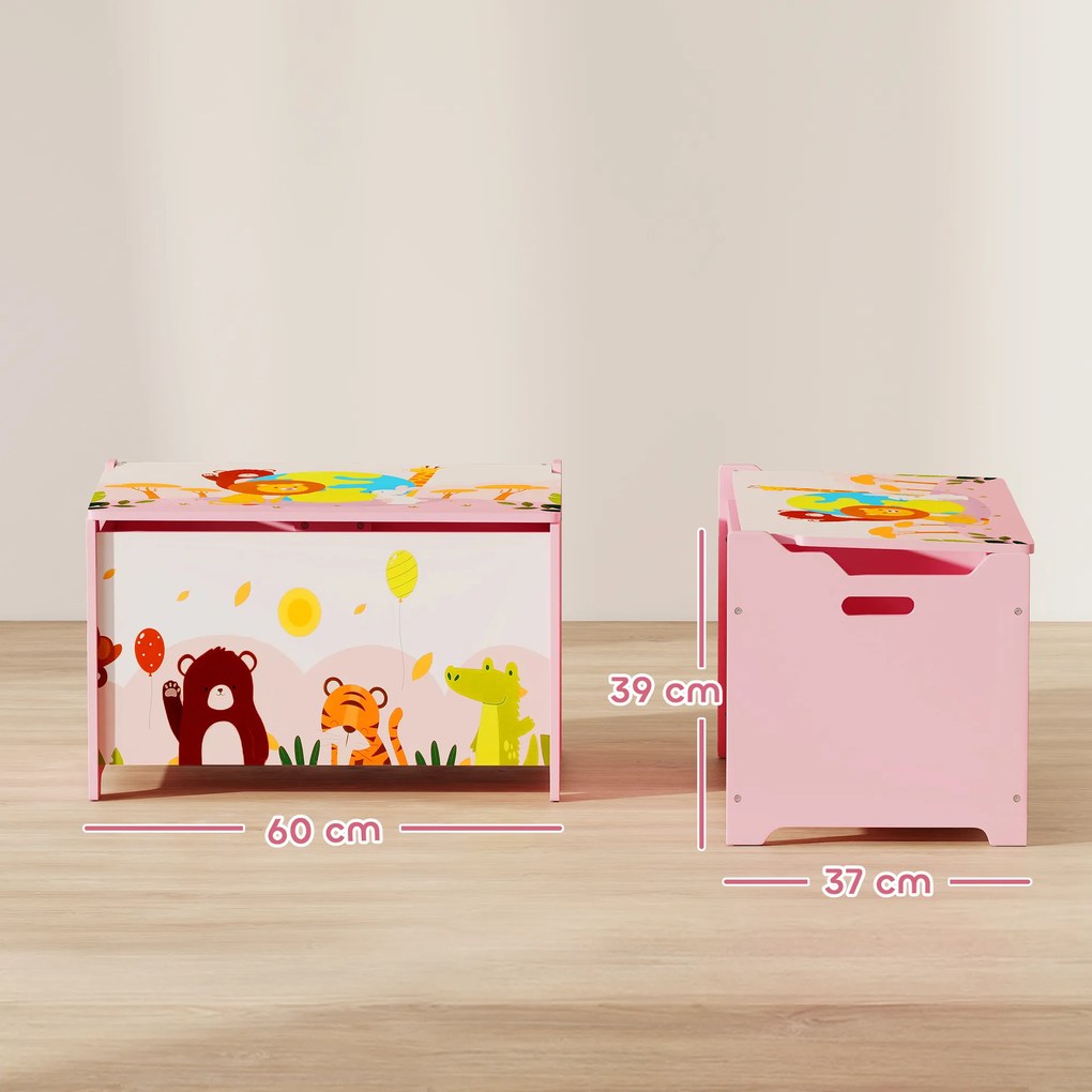 Baú de Brinquedos com Tampa Rebatível Fecho Suave Alças e Estampados de Animais 60x37x39 cm Rosa