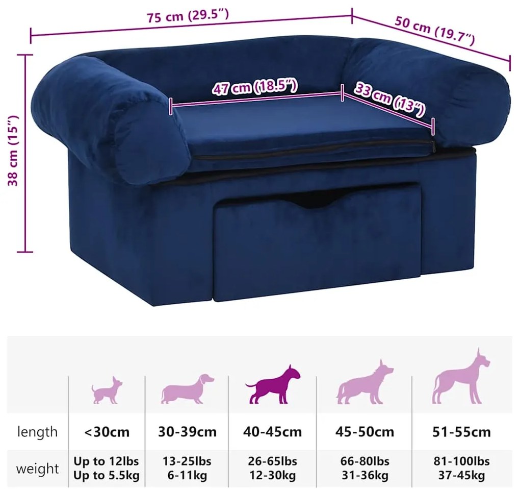 Sofá para cães com gaveta 75x50x38 cm pelúcia azul