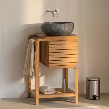 Conjunto De Móvel De Casa De Banho Em Madeira De Teca Bradley Sem Espelho & Irregular Em Cimento Preto ↔︎40 Cm Fedro & Cinzento Escovado Para Pia Embu