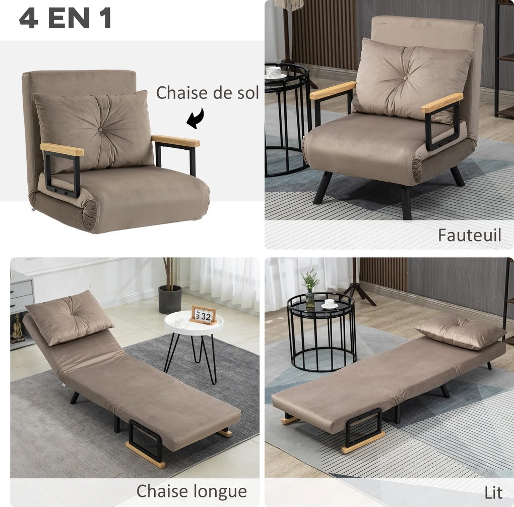 Poltrona convertível 4 em 1, cama individual, encosto com 5 posições, braços em madeira com almofada, tecido com efeito de veludo, castanho