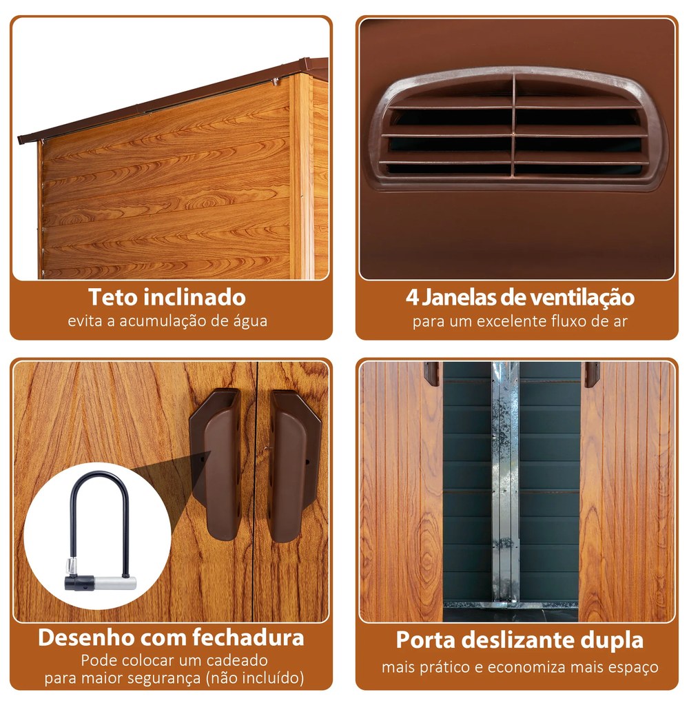Abrigo de Jardim 5,4m² 278x159x215 cm Abrigo de Jardim com 2 Portas de Correr e 4 Janelas de Ventilação Madeira e Castanho