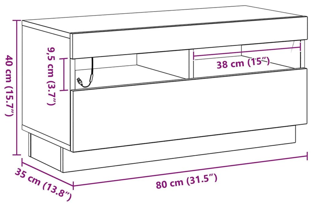 Estante de TV vidaXL com Luzes LED em Carvalho Preto 100x35x40 cm de M