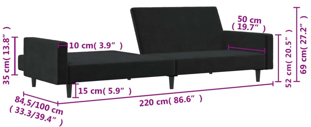 Sofá-cama de 2 lugares veludo preto
