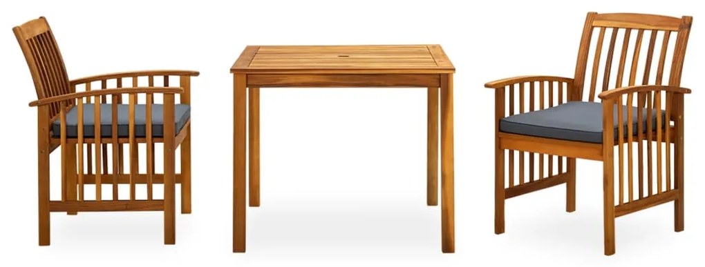 3 pcs conjunto de jantar p/ jardim c/ almofadões acácia maciça