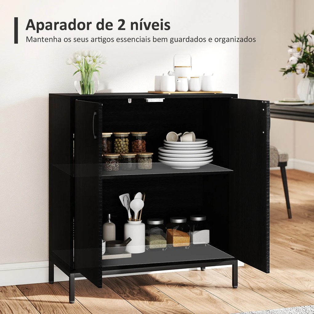 Aparador para Sala de Estar Moderno com Prateleira Ajustável e Base Elevada 80x40x90 cm Preto