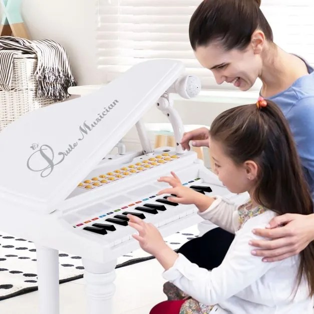 Piano eletrónico para crianças de 31 teclas com banco portátil com microfone LED 35 x 30 x 55 cm Branco