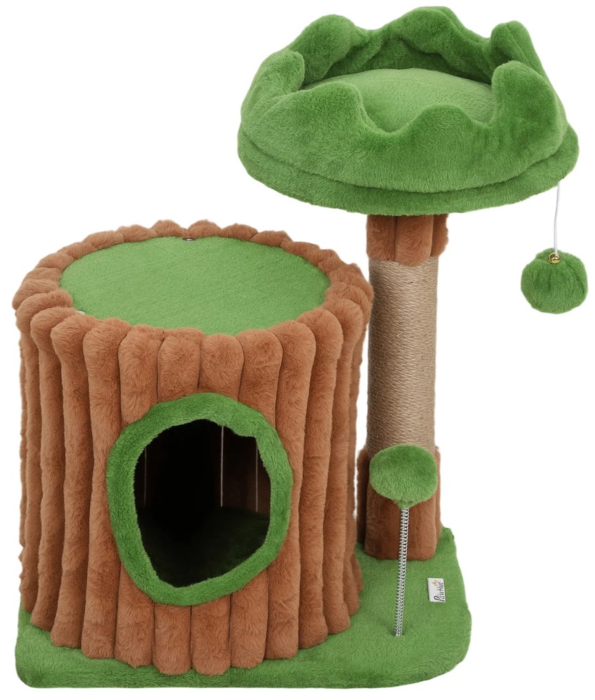 Arranhador para Gatos 53 cm Design de Tronco com Cama Caverna Poste de Juta Bolas Penduradas 40x30x53 cm Castanho e Verde