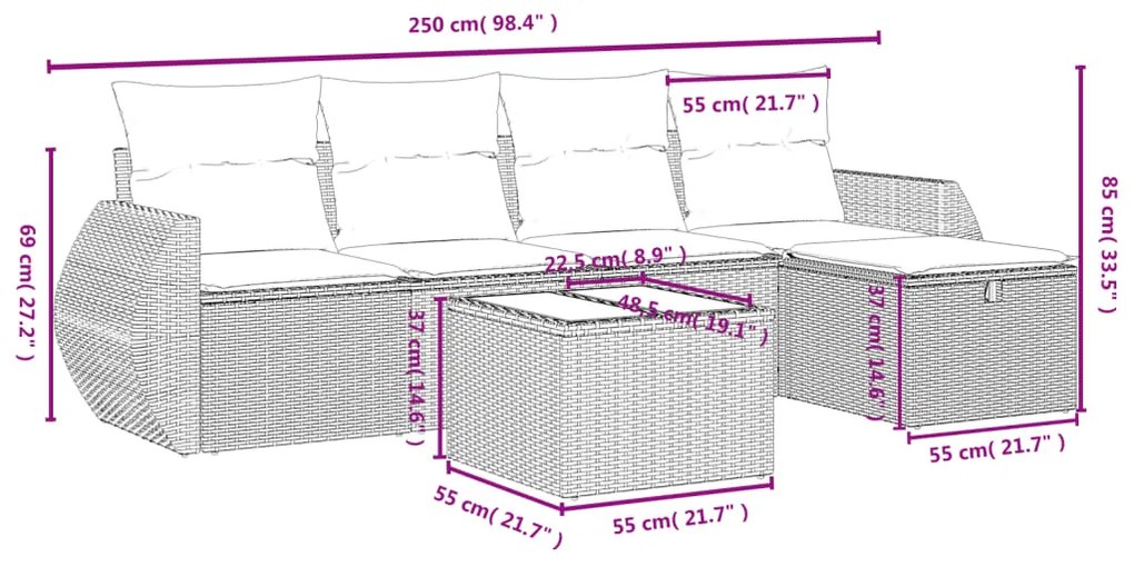 6 pcs conjunto de sofás jardim c/ almofadões vime PE castanho