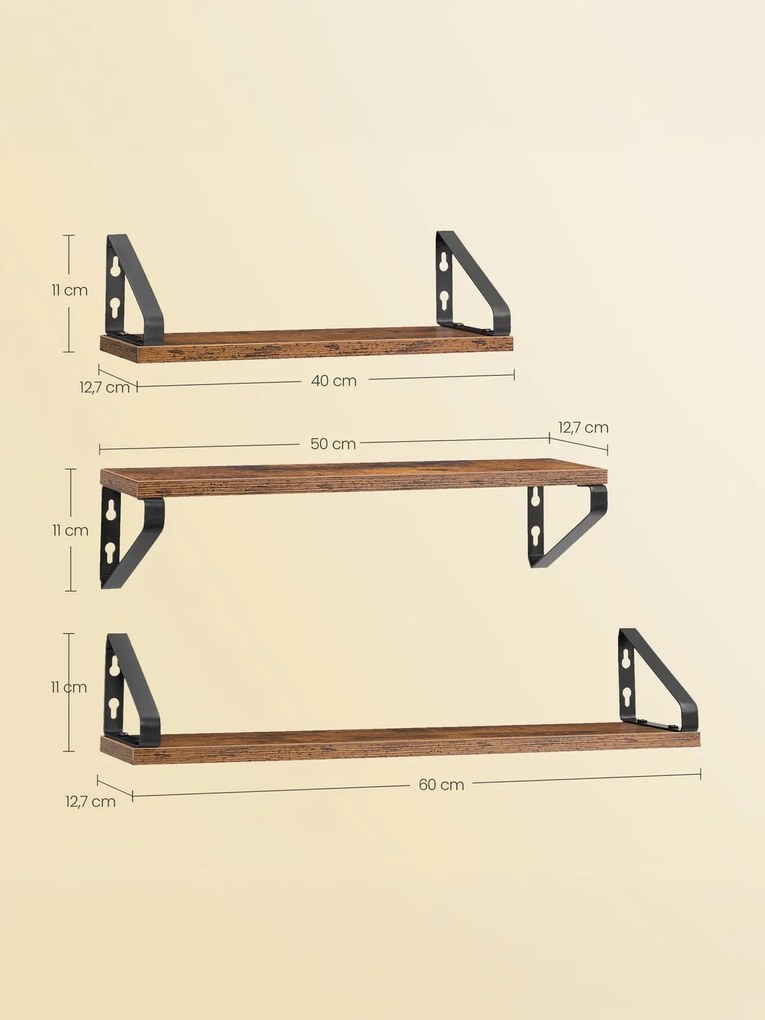 Conjunto de 3 prateleiras suspensa de parede, 3 tamanhos castanho-preto