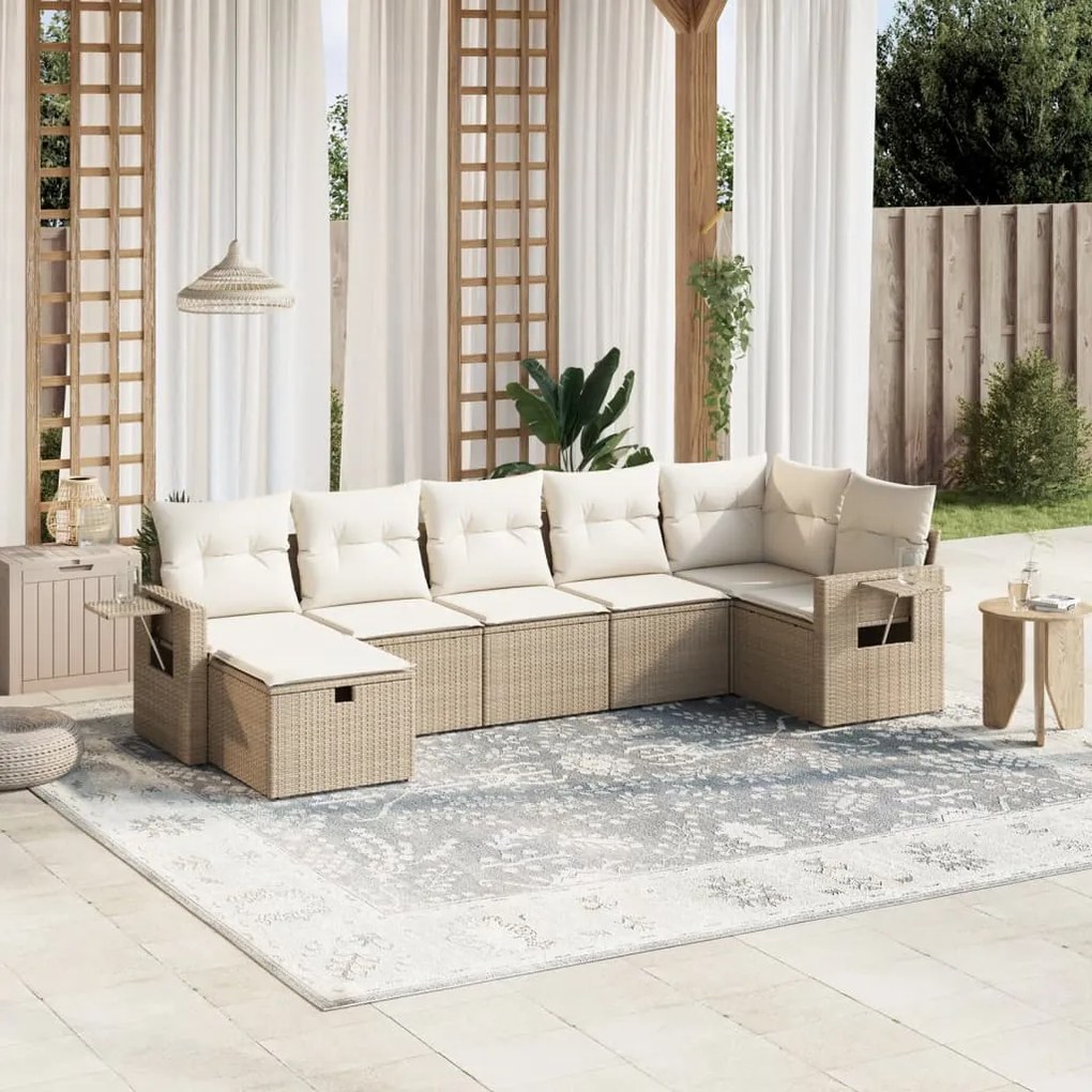 7 pcs conjunto de sofás p/ jardim com almofadões vime PE bege