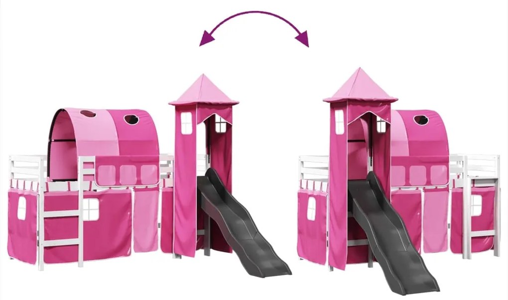 Cama alta para criança com torre 90x190 cm pinho maciço rosa