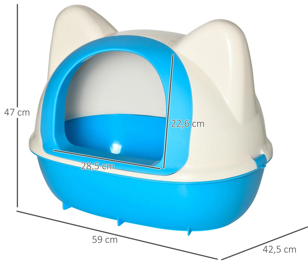 PawHut Caixa de Areia para Gatos Caixa de Areia Fechada com Orifício de Entrada e Pá Incluída 59x42,5x47cm Branco e Azul
