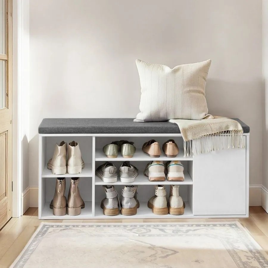 Banco para sapatos 30,5 x 104 x 48 cm (P x L x A) com espaço de arrumação e compartimentos abertos ajustáveis
