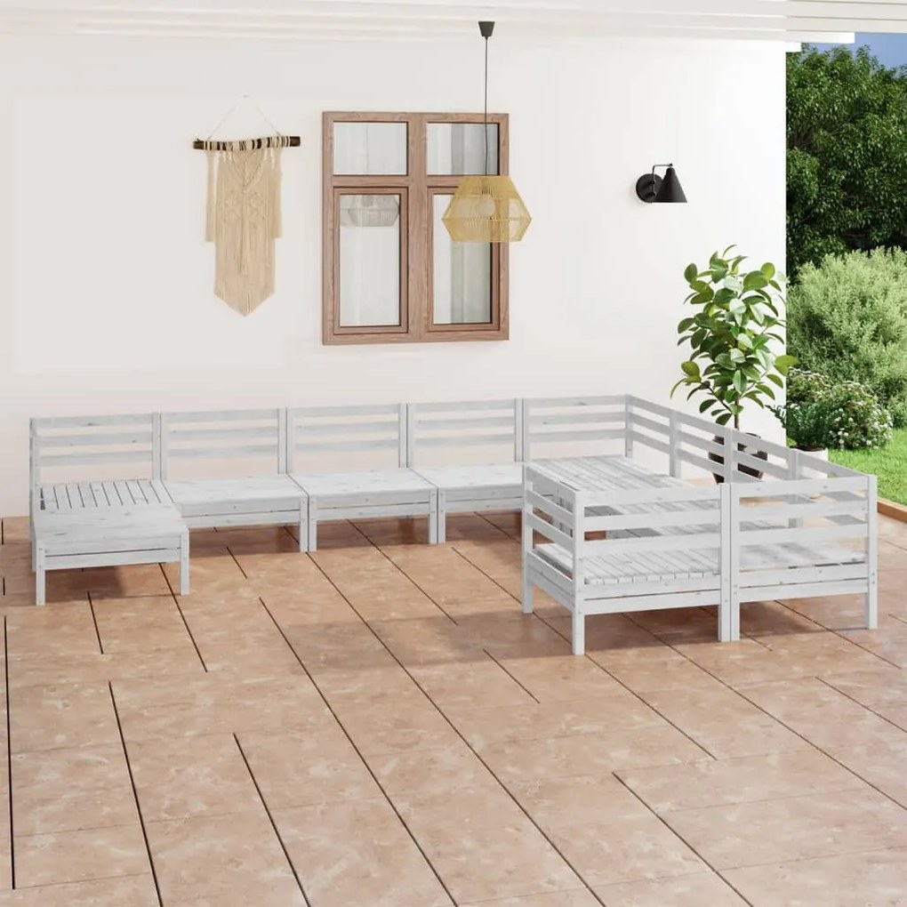 10 pcs conjunto lounge de jardim pinho maciço branco