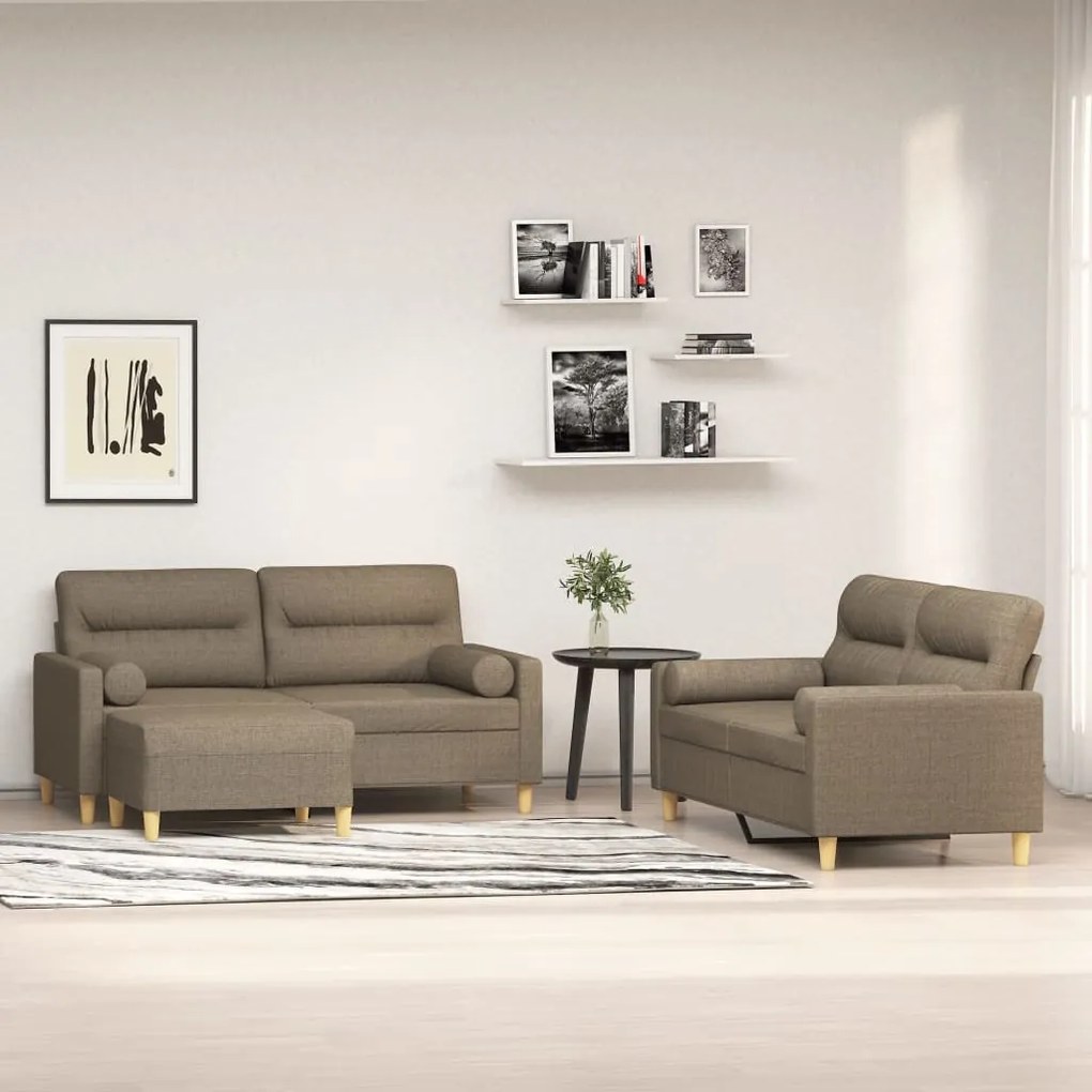 vidaXL 3 pcs conjunto de sofás c/ almofadões tecido cinza-acastanhado