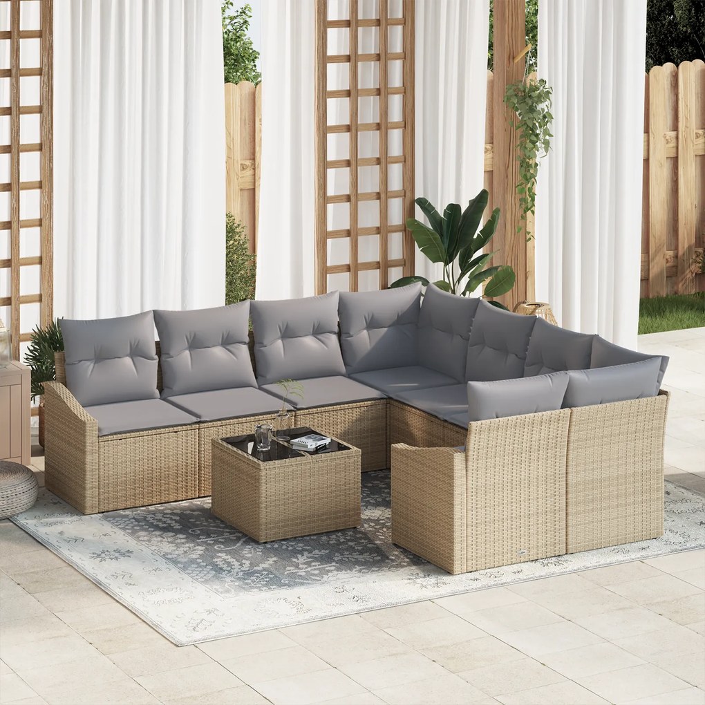 Conjunto de Jantar de Jardim com 9 Peças e Almofadas Bege em Rattan Si