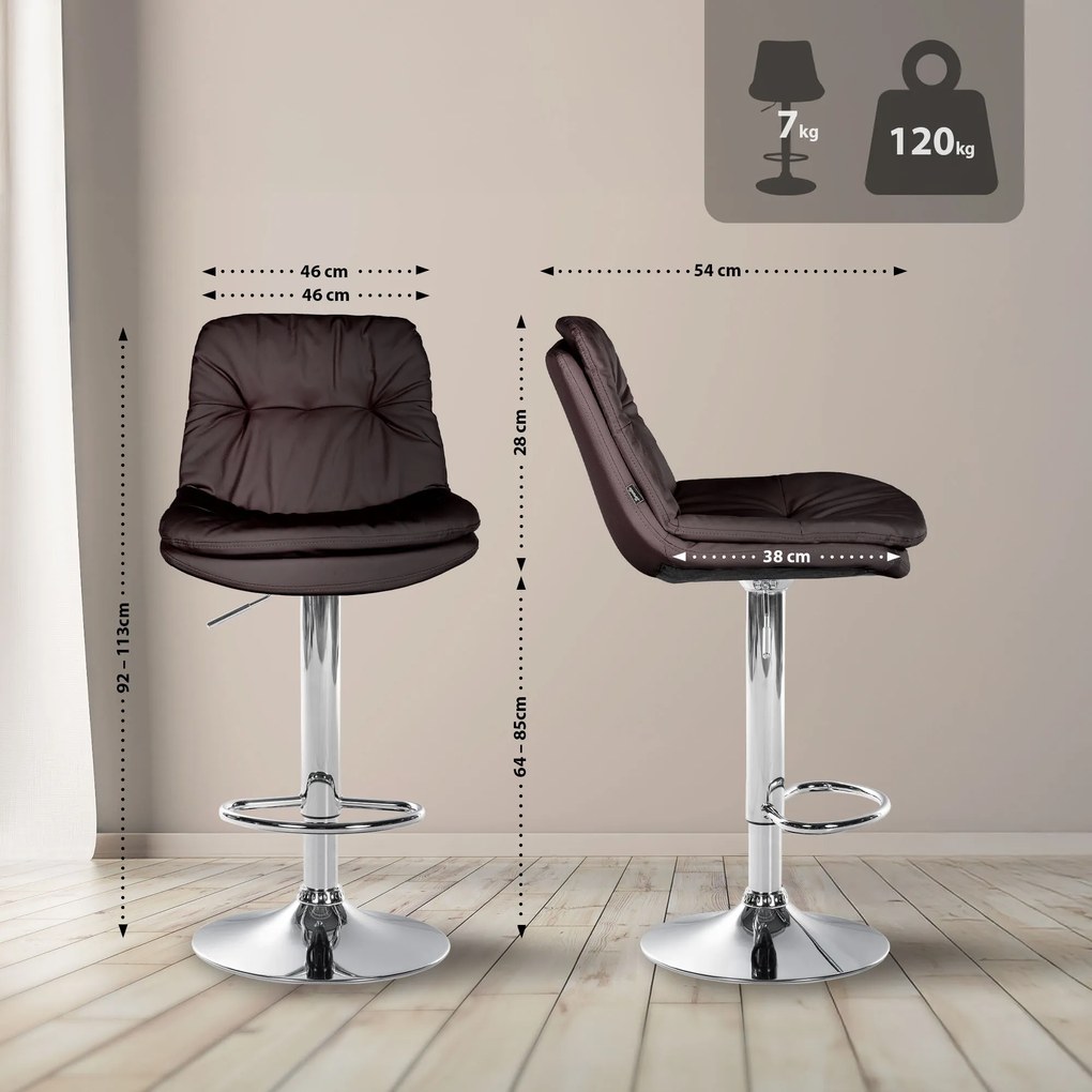 Banco de bar em couro sintético com estrutura prateada 92-113 x 46 x 54 cm castanho