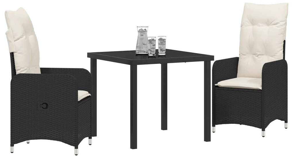 Conjunto de Jantar de Jardim 3 Peças com Almofadas Pretas de Rattan Po