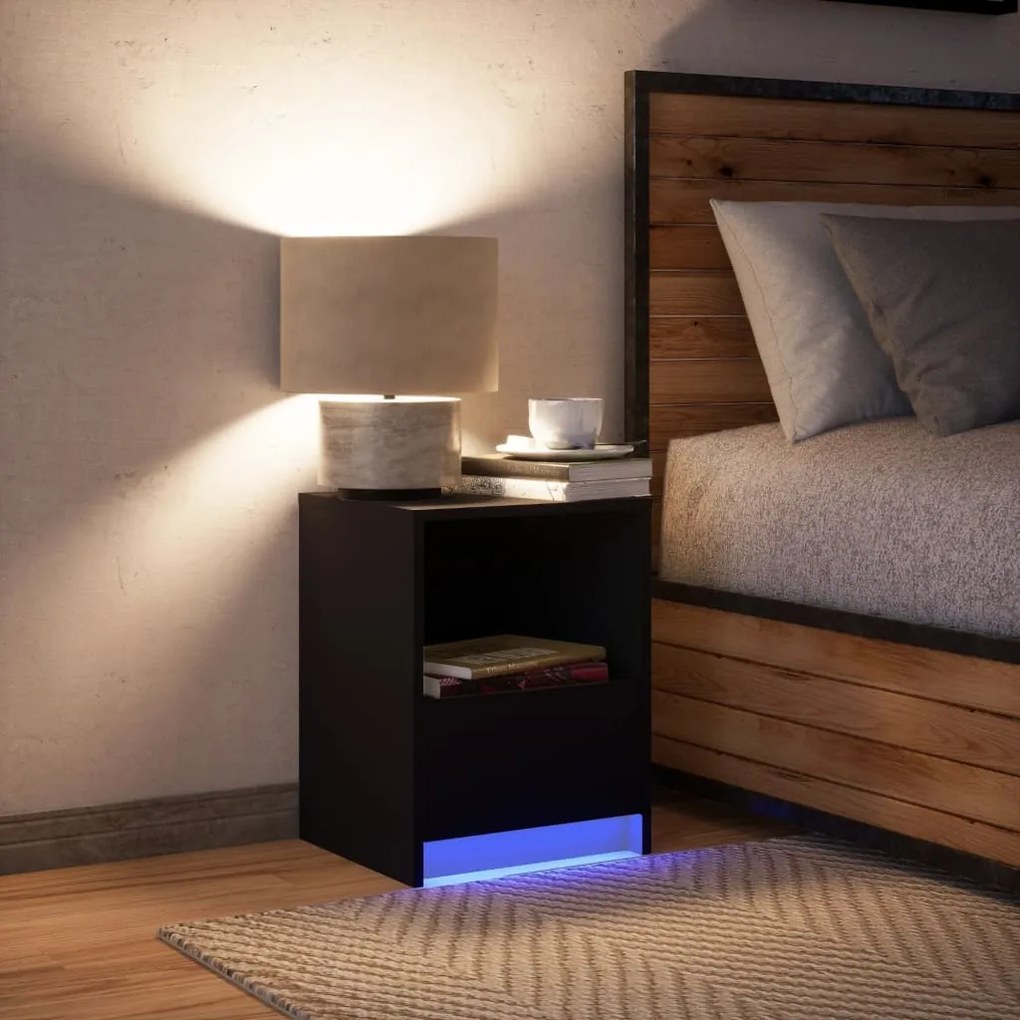 Mesa de cabeceira com luzes LED derivados de madeira preto