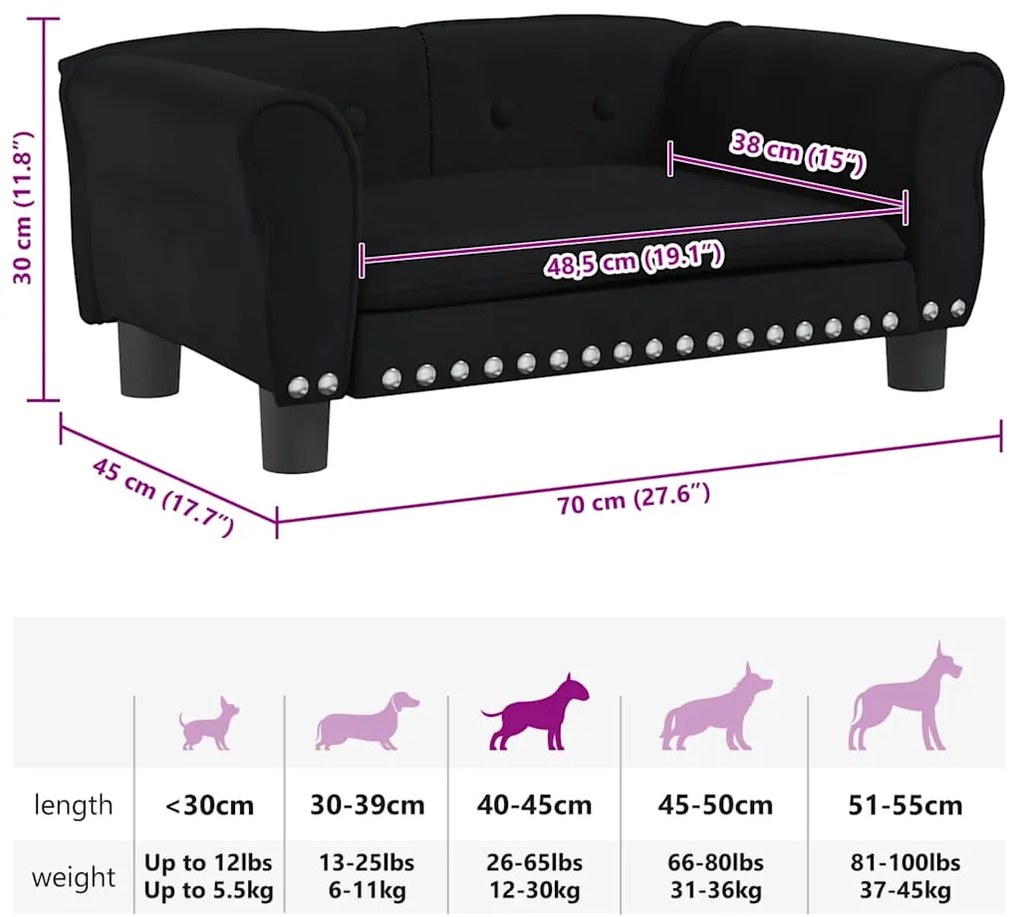 Cama para cães 70x45x30 cm veludo preto