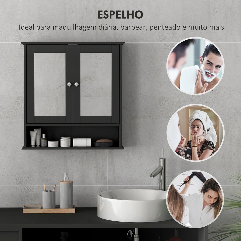 Armário de Casa de Banho com Espelho Armário de Parede com 2 Portas Prateleira Aberta e Ajustável 56x13x58cm Preto