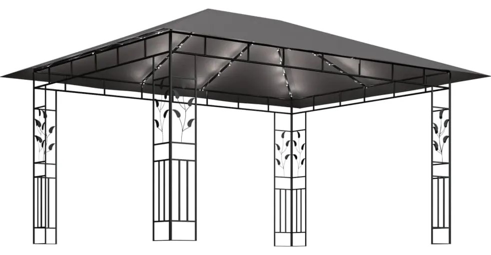 Gazebo c/ mosquiteiro e cordões luzes LED 4x3x2,73m antracite