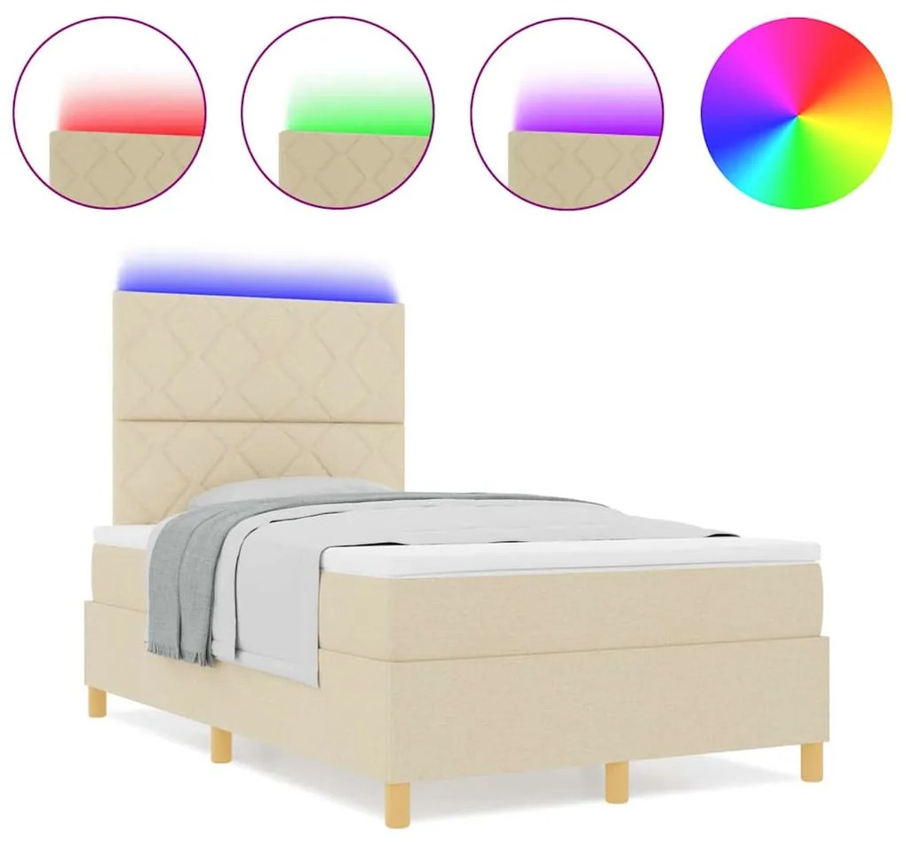 Cama Box Spring com Colchão &amp; LED Creme 120x190 cm Tecido