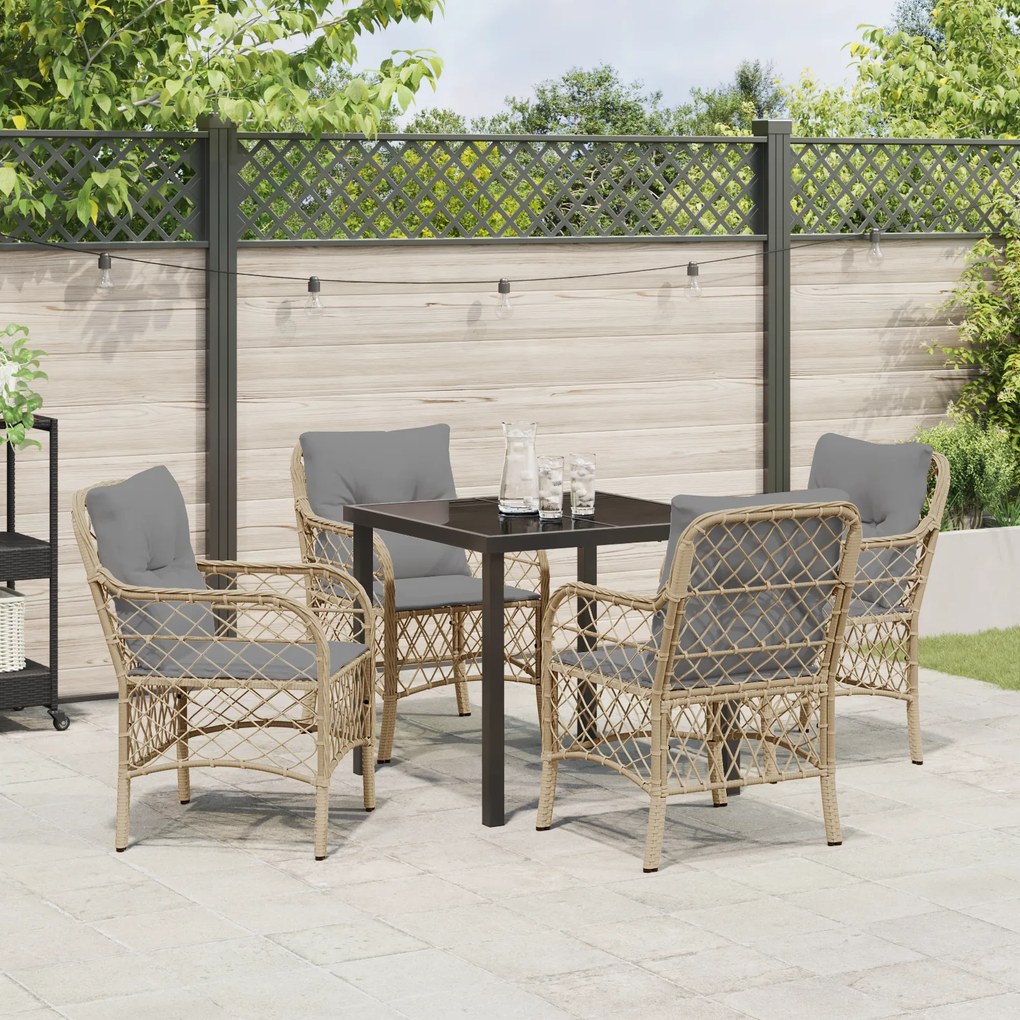 Conjunto de Jantar de Jardim de 5 Peças com Almofadas Bege Vime Poliés