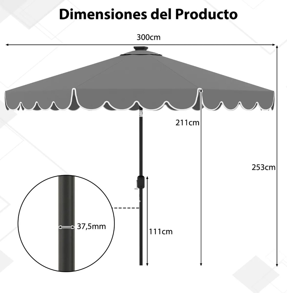 Guarda-sol de 300 cm com 24 luzes LED, parte superior ventilada, folhos e ajuste de inclinação cinzento