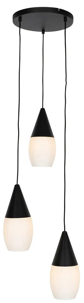 Candeeiro de suspensão moderno preto com vidro opalino 3 luzes - Drop Moderno