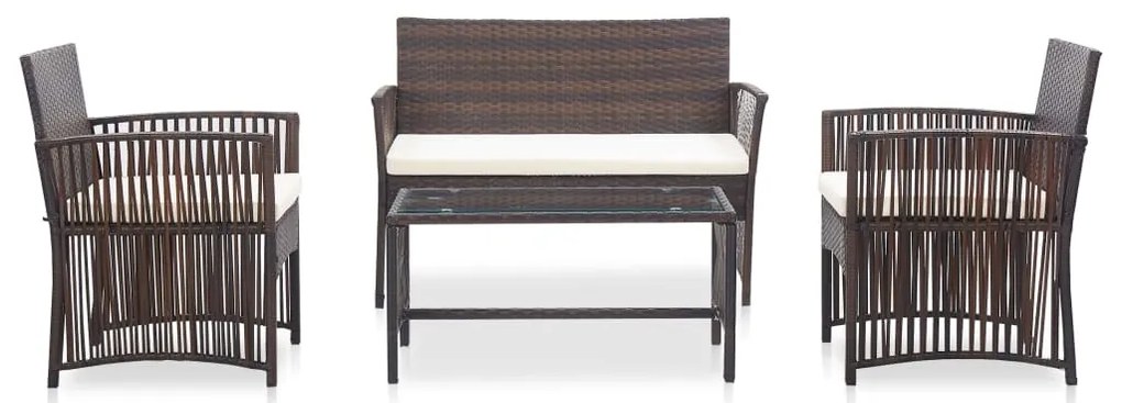 4 pcs conjunto lounge jardim c/ almofadões vime PE castanho