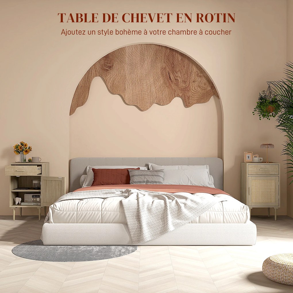 Mesa de cabeceira com armário e prateleira em rattan trançado, 1 gaveta, estilo boémio - 40 x 40 x 68,5 cm, natural