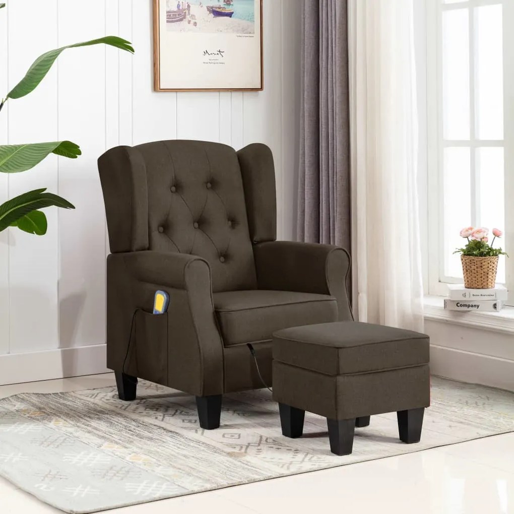vidaXL Poltrona de massagens com apoio de pés tecido castanho