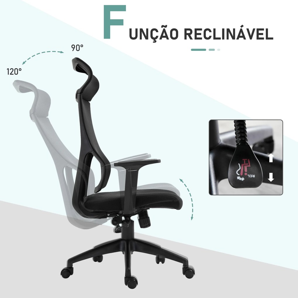 Cadeira ergonômica giratória altura ajustável e reclinável até 120º 64x61x120,9-128,9 cm Preto