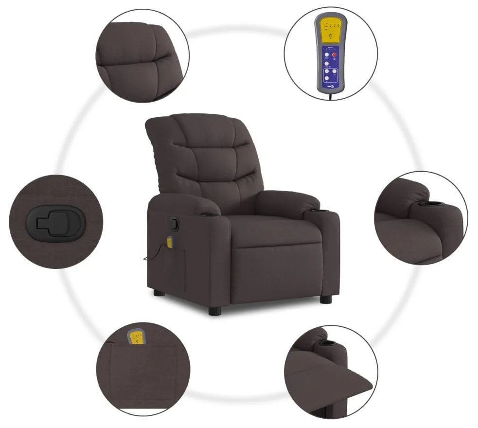 Poltrona de massagens reclinável tecido castanho-escuro