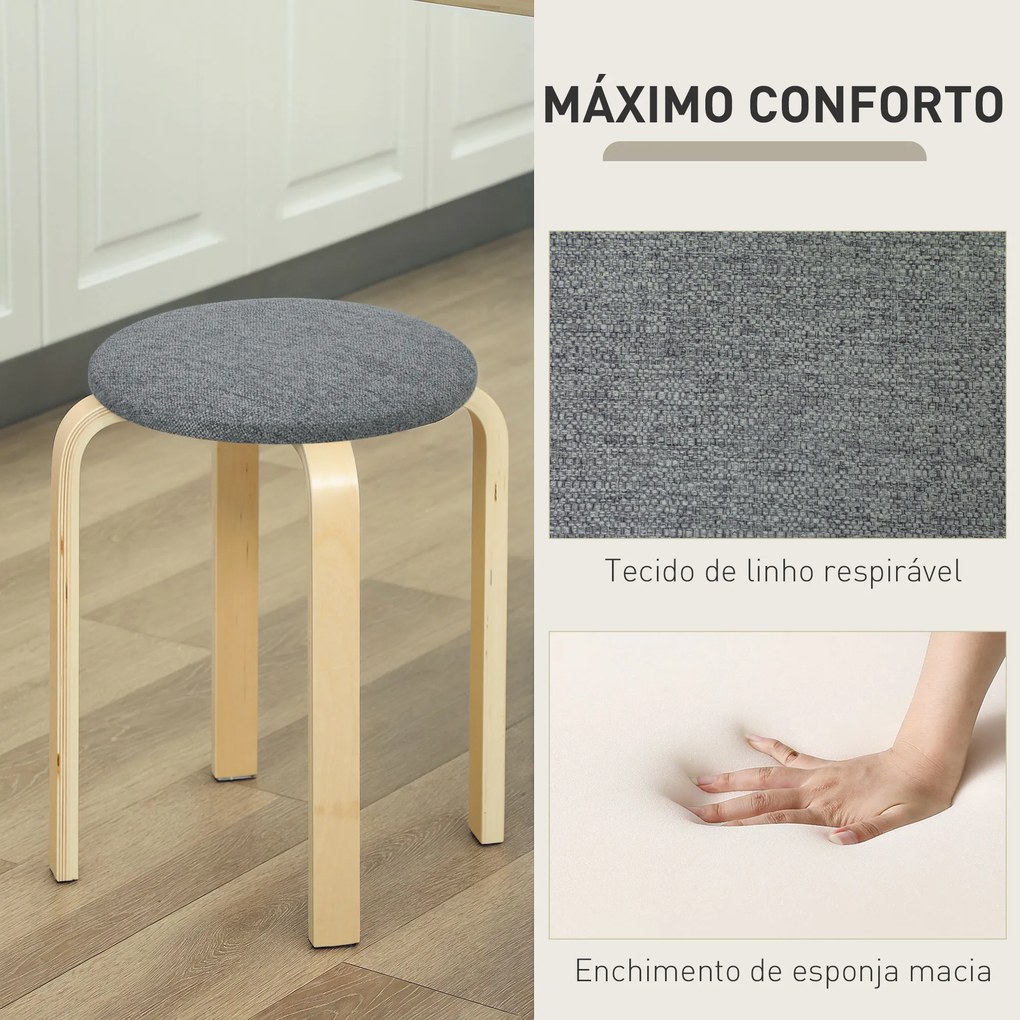 Conjunto de 4 Bancos Empilháveis Redondos (MESA NÃO INCLUIDA) Bancos Baixos de Cozinha com Assento Acolchoado Ø40x45 cm Cinzento e Madeira