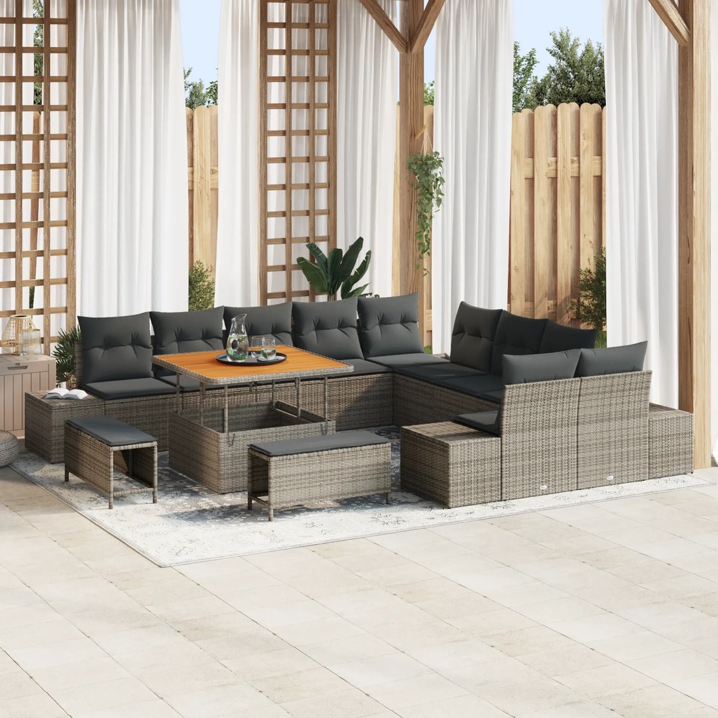 Conjunto de Sofá de Jardim de 13 Peças com Almofadas Cinza Rattan Poli Acácia