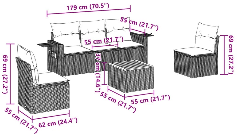 6 pcs conjunto sofás de jardim c/ almofadões vime PE preto