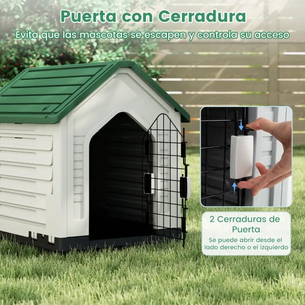 Casota para cães 66,5 x 52 x 60 cm com porta metálica com fechadura e telhado inclinado Boa ventilação para interior e exterior Verde
