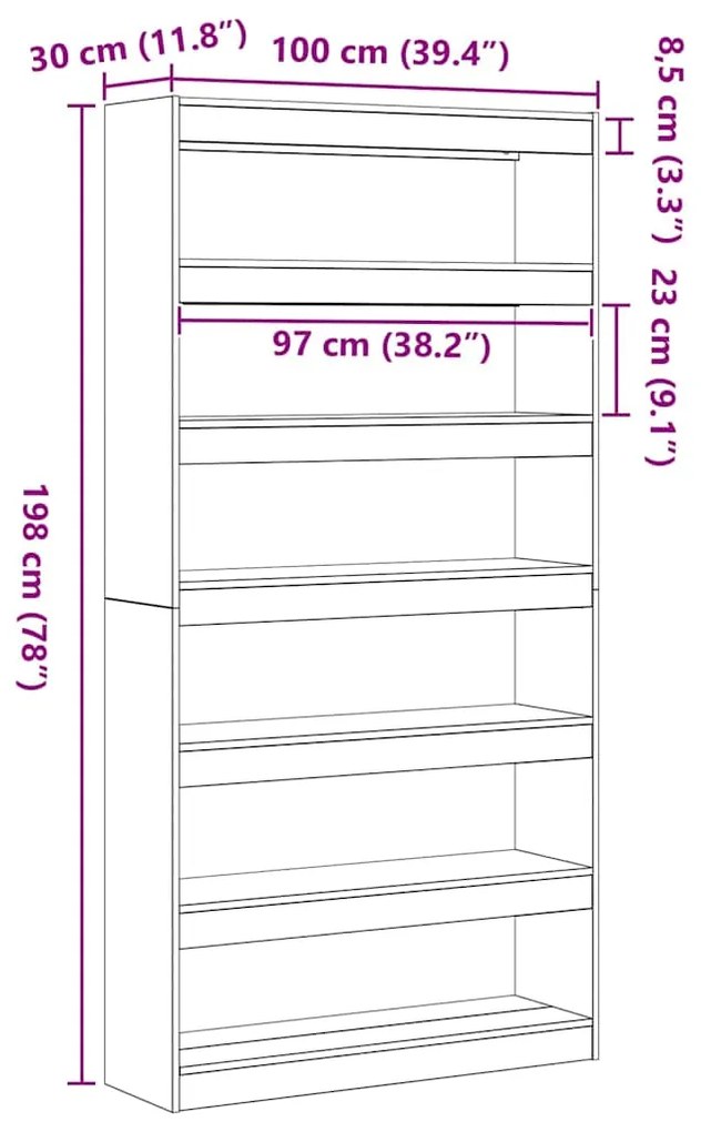 Estante vidaXL Cinza Madeira engenheirada 100 x 30 x 198 cm Estante