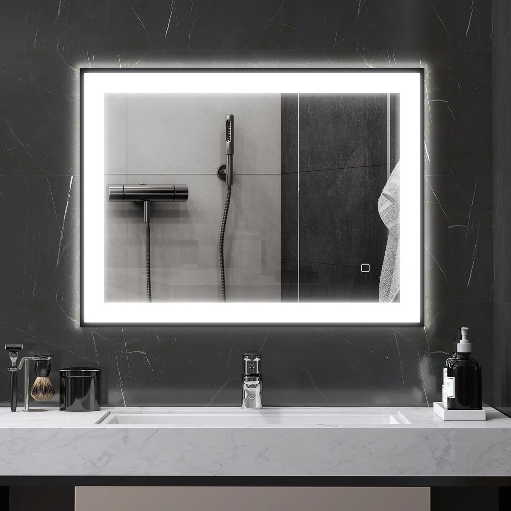 Espelho Casa de Banho com Luz LED 80x60 cm Iluminação Ajustável Função Anti-Embaciamento Função Memória Preto