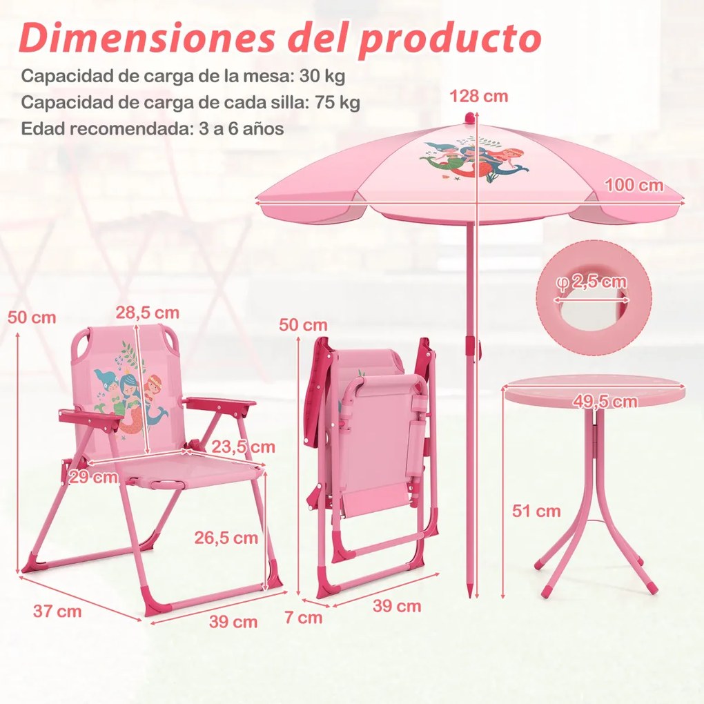 Conjunto de piquenique para crianças 3-6 anos Mesa de atividades ao ar livre com 2 cadeiras dobráveis e guarda-sol ajustável em altura Rosa