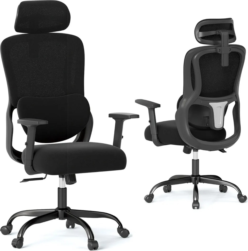 Cadeira ergonómica de escritório com apoio de cabeça ajustável e apoio lombar giratório e reclinável para casa, escritório Preto